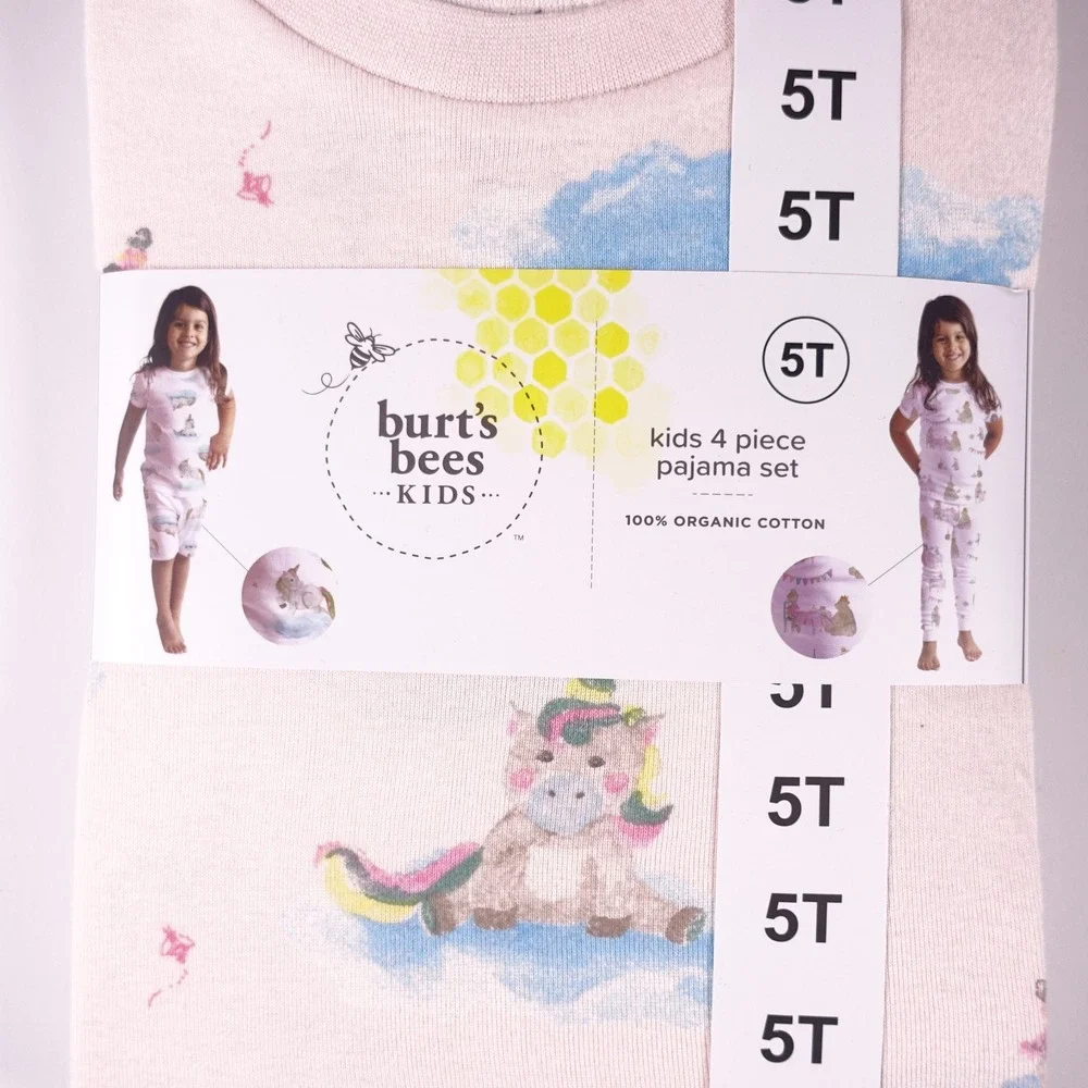 Burts Bees Kids 5T 4-Piece Pajama Set 100% Organic Cotton Pink Tea Party Unicorn
